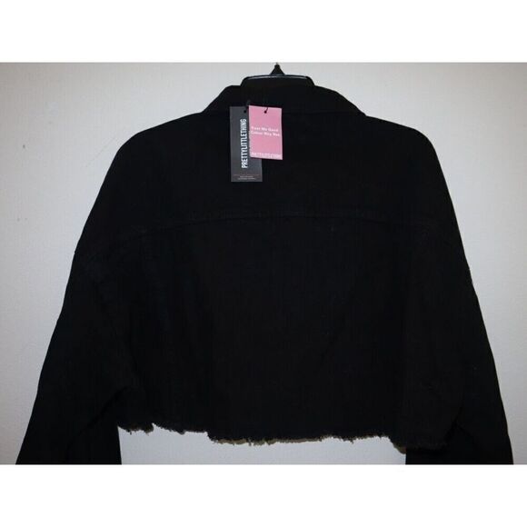 PRETTY LITTLE THING Women's Sz 12 Washed Black Basic Raw Edge Denim Crop Jacket - Picture 4 of 10